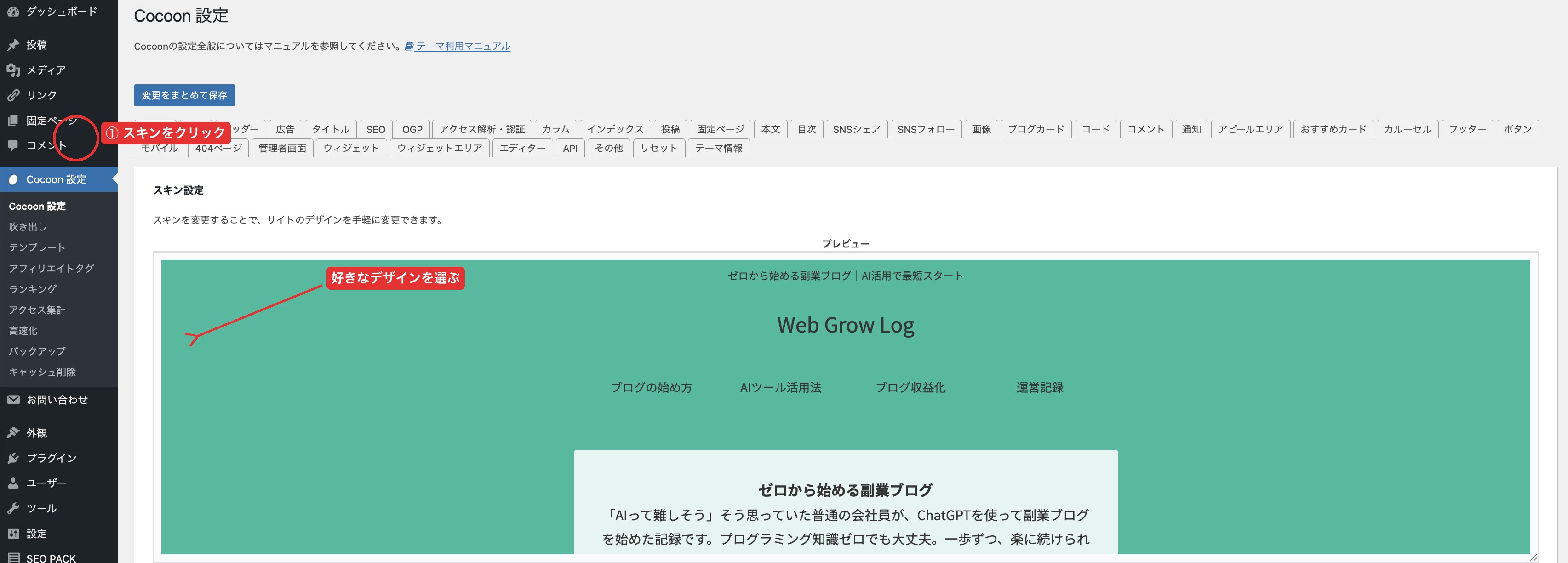Cocoonスキン設定画面