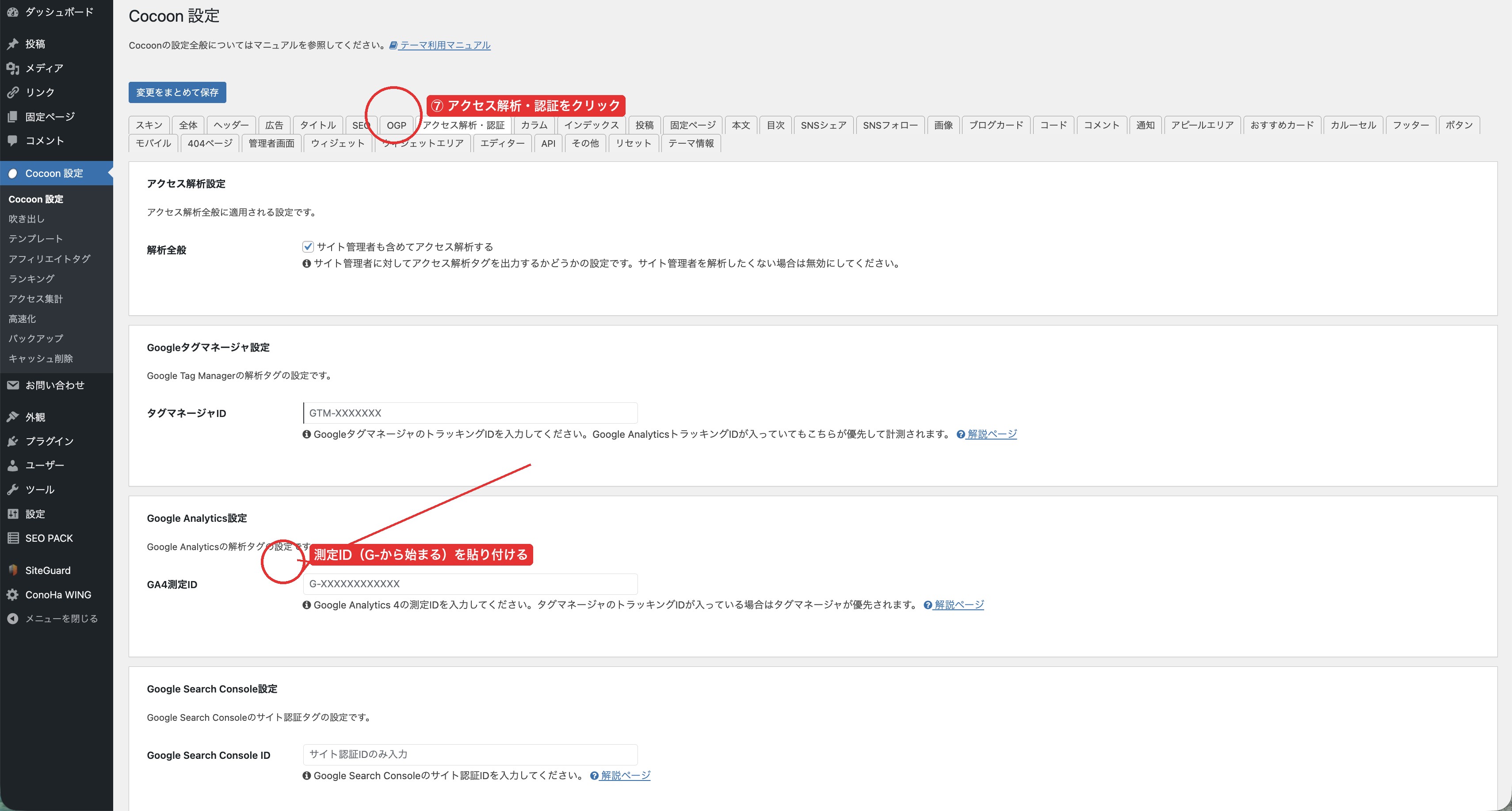 CocoonGA4測定ID設定画面