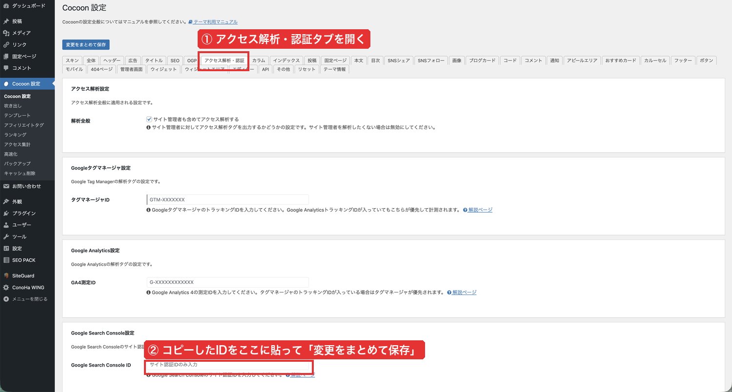 Cocoon設定 アクセス解析・認証タブ